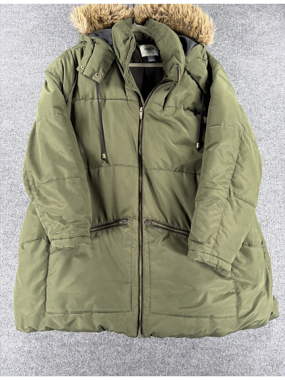 Old Navy Women's Long Puffer Parka Coat Faux Fur Hood Olive Green-2XL